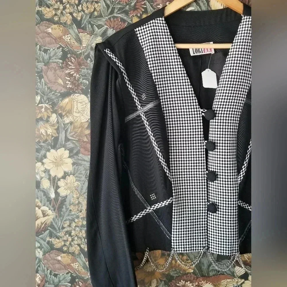 🇨🇦 80s Vintage Black and White Cropped Blazer With Chain Detail Size Medium - Picture 3 of 4